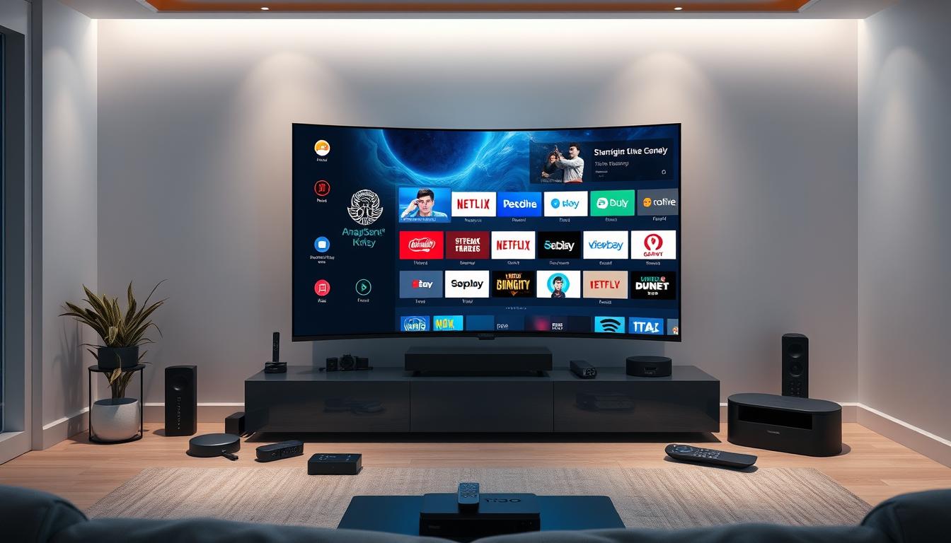 A sleek, modern home entertainment hub showcasing the diverse IPTV options available. A large, curved smart TV dominates the center, displaying a vibrant, high-definition interface with various streaming service icons. Surrounding the TV are a selection of streaming devices, remotes, and other accessories in a minimalist, Nordic-inspired interior design. Soft, indirect lighting illuminates the scene, creating a cozy and inviting atmosphere. The overall composition emphasizes the versatility and convenience of IPTV, enticing the viewer to explore the multitude of entertainment possibilities.