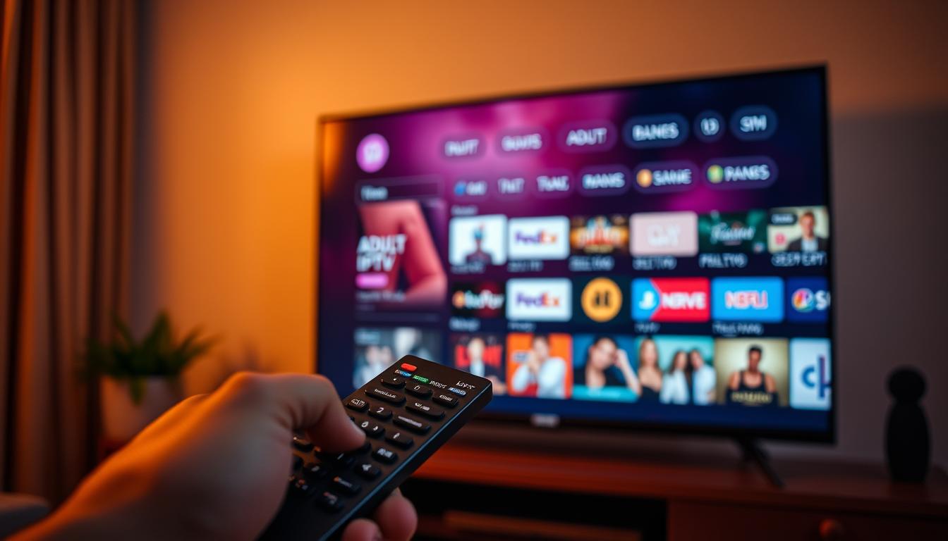 A modern entertainment hub showcasing adult IPTV channels, with a sleek and discreet user interface displayed on a high-resolution TV screen. The scene is bathed in a warm, ambient lighting that creates a cozy, inviting atmosphere. In the foreground, a hand holds a remote control, hinting at the interactive and user-friendly nature of the experience. The middle ground features various IPTV app icons, representing the diverse range of adult content available. The background gently blurs, maintaining the focus on the central display and creating a sense of depth. The overall composition conveys the idea of a private, yet accessible, adult streaming experience.