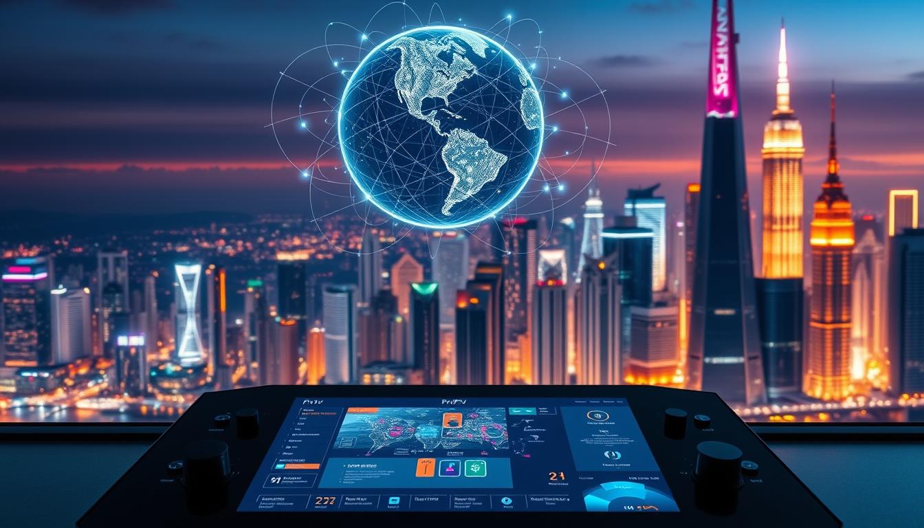 A sleek, futuristic control panel showcasing the cutting-edge technology of ProIPTV. In the foreground, a stylized touchscreen interface with intuitive controls and vibrant, high-definition graphics. Hovering above, a projection of a global network, pulsing with data streams and satellite connections. In the background, a cityscape of gleaming skyscrapers and towering antennas, bathed in a warm, ambient light that conveys the advanced, next-generation nature of this streaming solution. The overall scene exudes a sense of innovation, connectivity, and the seamless integration of technology into everyday life.