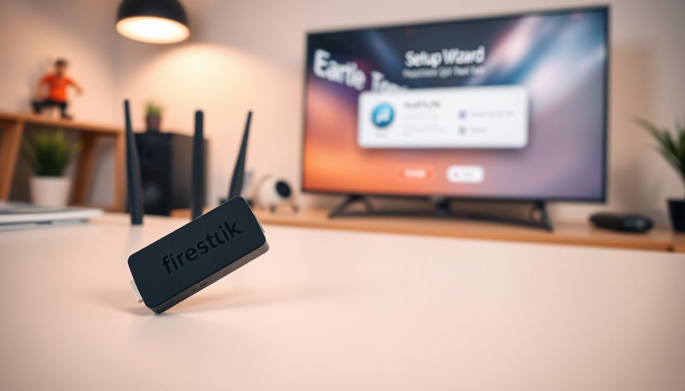 A minimalistic home office setup with a black firestick device, a wireless router, and a smart TV displaying a setup wizard. The lighting is soft and warm, creating a cozy atmosphere. The composition places the key elements in the foreground, with a blurred background suggesting a modern, streamlined living space. The image conveys the idea of a straightforward, hassle-free Smart IPTV installation process on a Firestick device.