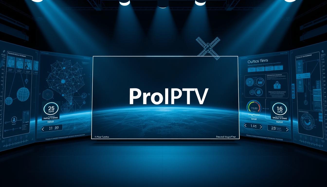 A modern, sleek digital streaming interface displaying the ProIPTV logo prominently in the center. Intricate network diagrams and satellite imagery in the background, conveying the advanced streaming technology powering the service. Crisp, high-contrast visuals with a cool, futuristic color palette of blues and grays. Precise, technical details like transmission frequencies, server load data, and signal strength indicators lining the edges, creating a sense of sophistication and technical capability. Dramatic lighting from above, casting dramatic shadows and highlighting the cutting-edge, state-of-the-art nature of the ProIPTV streaming platform.