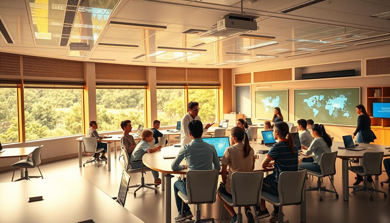 A state-of-the-art Hawarat AI classroom, filled with students and teachers engaged in innovative learning. The room is bathed in warm, natural lighting, with large windows overlooking a lush, verdant landscape. Sleek, futuristic desks and chairs are arranged in a dynamic, collaborative setup. Holographic displays and interactive whiteboards adorn the walls, showcasing cutting-edge educational technologies. In the foreground, a group of students and an instructor are gathered around a central workstation, deep in discussion, their expressions animated with excitement and wonder. The atmosphere is one of curiosity, discovery, and the boundless potential of artificial intelligence to transform the educational landscape.