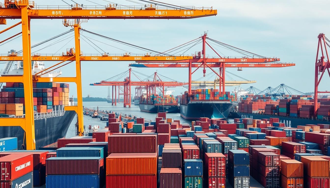 Buy in Bulk from China 8 Cargo containers being loaded at a busy Chinese shipping port with cranes and container ships