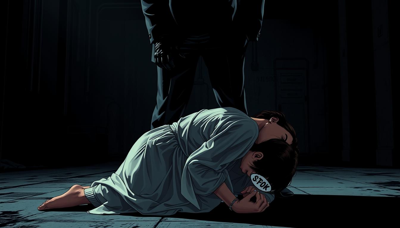 7 Types of Submissives - Little-known Facts Revealed 11 A dominant figure dressed in sleek, black leather gloves and a tailored suit towers over a submissive kneeling at their feet, head bowed in reverence. The submissive, clad in a simple, sheer robe, exudes a sense of vulnerability and surrender. Dramatic chiaroscuro lighting casts sharp shadows, accentuating the power dynamics at play. The background is a dimly lit, industrial-style setting, hinting at the discreet and private nature of this exchange. An air of mystery and control pervades the scene, capturing the essence of the "slave submissive" dynamic.