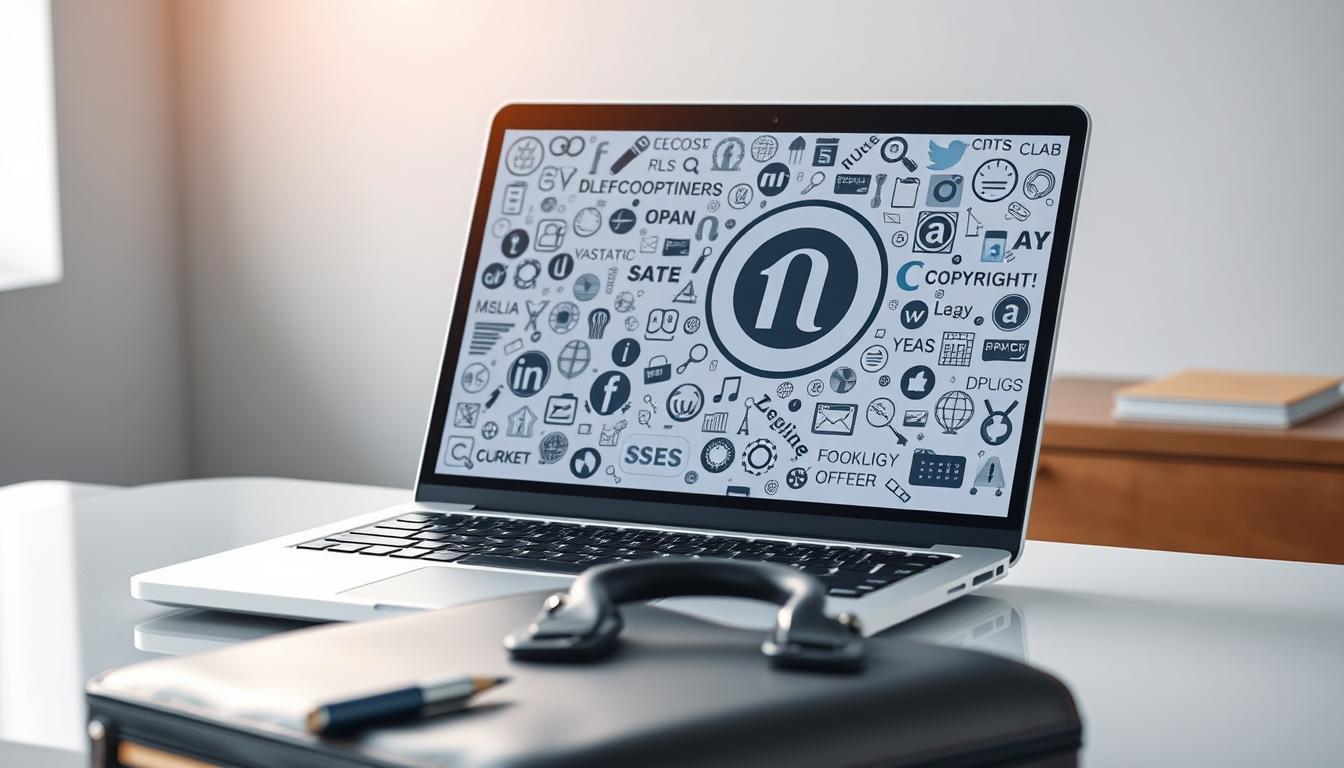 A high-angle shot of an open laptop computer, its screen displaying a complex array of copyright symbols and legal-sounding text. The laptop is positioned on a sleek, modern desk, with a professional-looking briefcase and a few carefully placed office supplies in the foreground, creating a sense of a professional, corporate workspace. The background is softly blurred, suggesting a clean, minimalist office setting. The lighting is crisp and clean, with a subtle warm glow, conveying a sense of authority and trustworthiness. The overall mood is one of diligence, attention to detail, and a commitment to protecting intellectual property in the digital age.