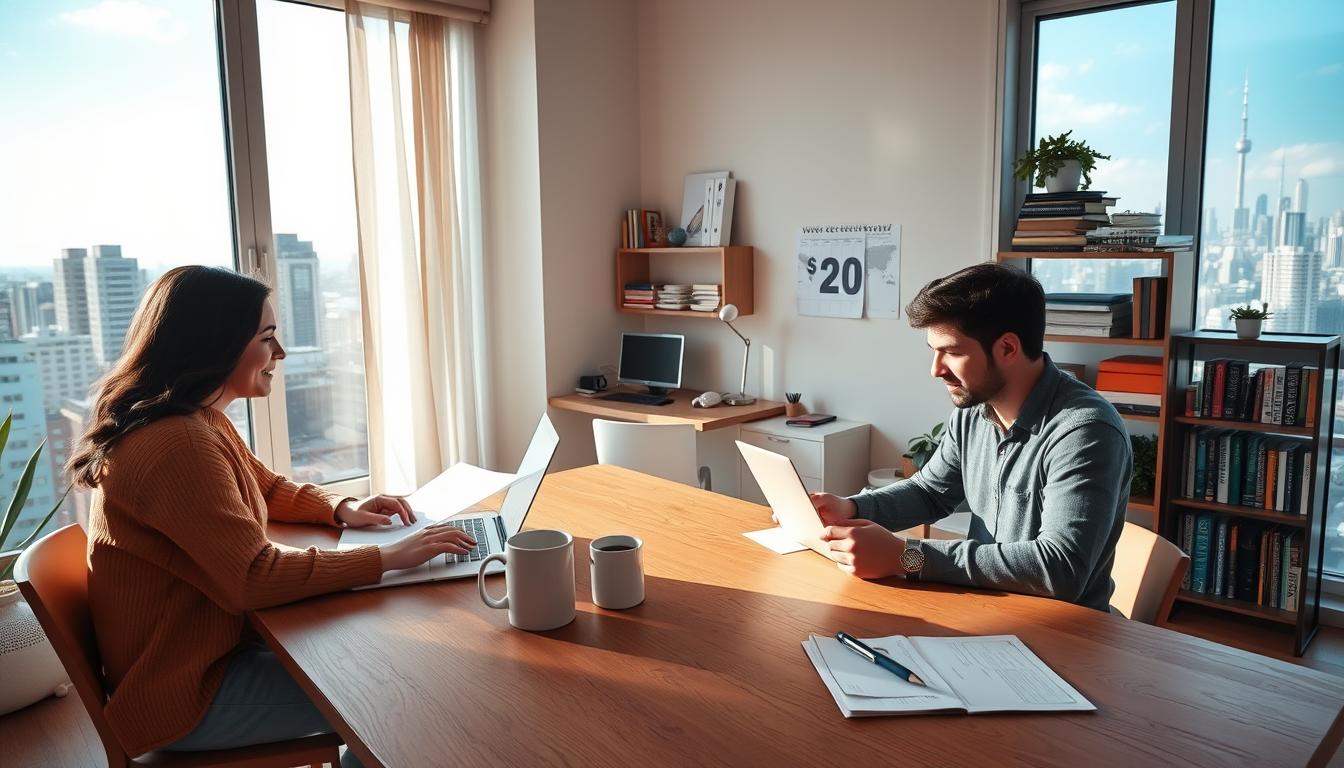 A cozy studio apartment with modern decor, filled with soft natural light streaming through large windows overlooking a bustling city skyline. In the foreground, a couple sits at a wooden dining table, reviewing paperwork and discussing rental contracts. A laptop and a mug of coffee sit between them, symbolizing the digital and financial aspects of their rental income business. The middle ground showcases a well-organized home office space, with a desk, shelves displaying real estate books, and a calendar highlighting rental due dates. The background features a city panorama, hinting at the potential for more rental properties and opportunities for space monetization.