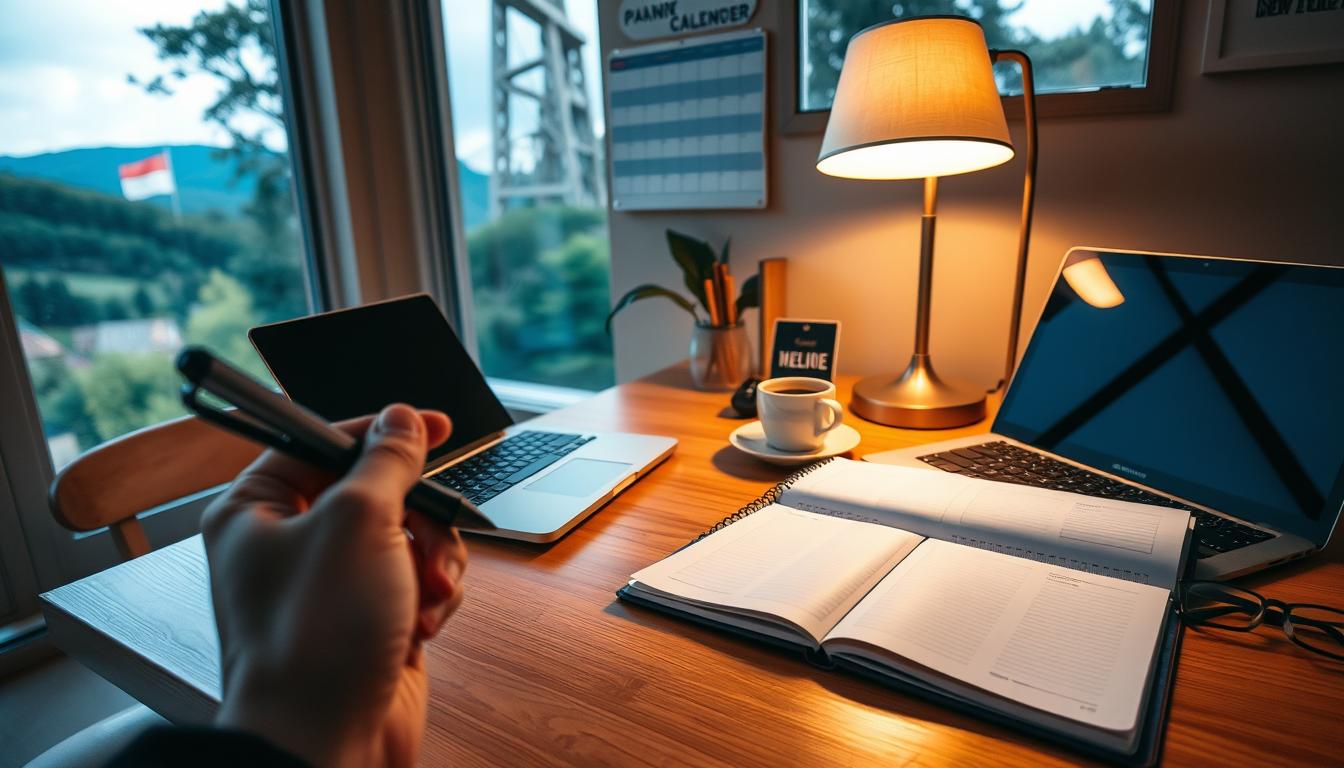 A cozy home office with a wooden desk, a laptop, and a planner open on the surface. Warm desk lamp illuminates the space, casting soft shadows. In the foreground, a hand holds a pen, poised to make notes. The middle ground features a wall calendar, a cup of coffee, and a pair of reading glasses. The background has a large window overlooking a lush, scenic landscape, hinting at the balance between work and leisure. The overall mood is one of focused productivity infused with a sense of tranquility.