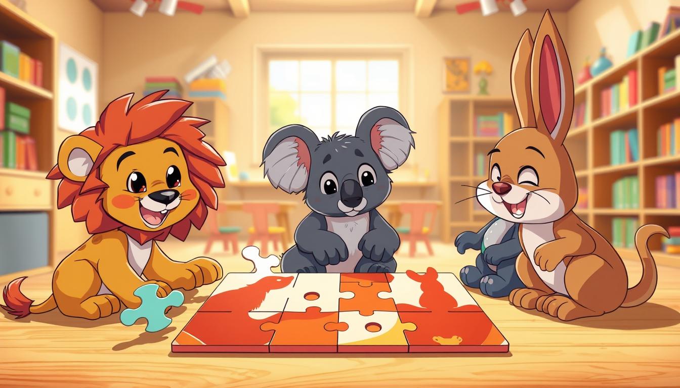 A whimsical illustration showcasing the educational benefits of a cartoon animal puzzle game. In the foreground, a group of vibrant, anthropomorphized animal characters - a playful lion, a curious koala, and a mischievous rabbit - engage with the puzzle pieces, their expressions filled with delight and concentration. The middle ground features the partially assembled puzzle, revealing the detailed, richly-colored silhouettes of various animals. The background depicts a warm, inviting classroom setting, with shelves of books and educational materials, hinting at the cognitive and learning-based advantages of this engaging activity. The lighting is soft and natural, creating a sense of wonder and discovery. Captured with a wide-angle lens to emphasize the holistic learning experience.