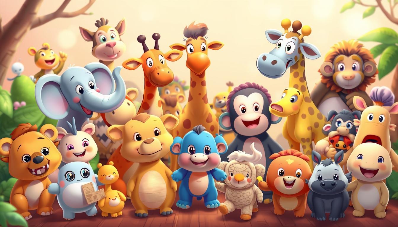 A whimsical assortment of colorful cartoon animals, arranged in a playful puzzle format. The foreground features an array of friendly, expressive animal characters - a happy elephant, a curious giraffe, a mischievous monkey, and more. The middle ground showcases the puzzle pieces, each with a distinct animal shape, inviting the viewer to find the perfect fit. The background is a warm, pastel-tinted scene, with gentle lighting that creates a soft, welcoming atmosphere. The overall composition is designed to captivate and engage young children, encouraging them to explore, discover, and enjoy the delightful world of animal-themed puzzles.