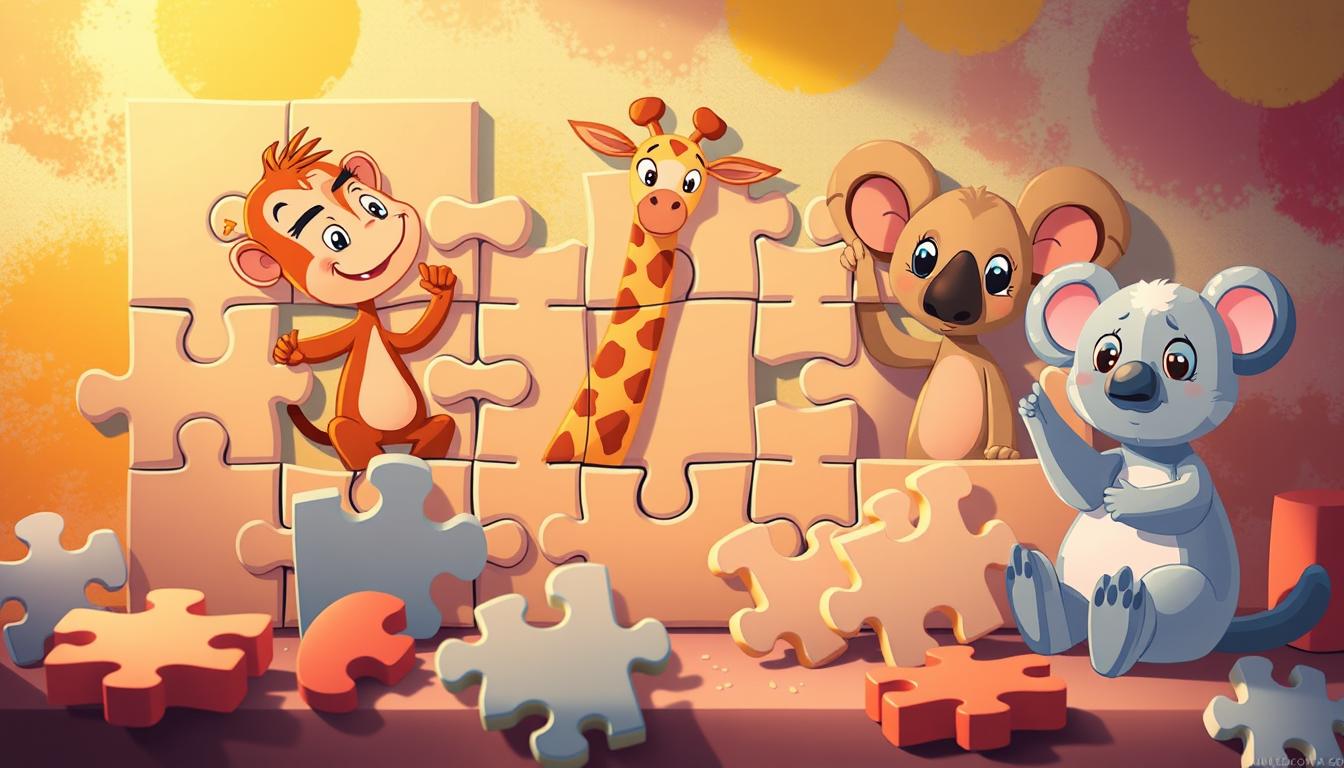 A whimsical and playful scene of cartoon animal puzzles set against a vibrant, colorful background. Playful characters like a mischievous monkey, a silly giraffe, and a curious koala are depicted within interlocking puzzle pieces, creating an engaging and imaginative composition. The scene is lit with warm, soft lighting, giving it a friendly, approachable feel. The puzzles are arranged in a dynamic, asymmetrical layout, encouraging visual exploration. The overall mood is one of fun, discovery, and child-like wonder, perfectly suited to illustrate a section on the best cartoon animal puzzle apps and games.
