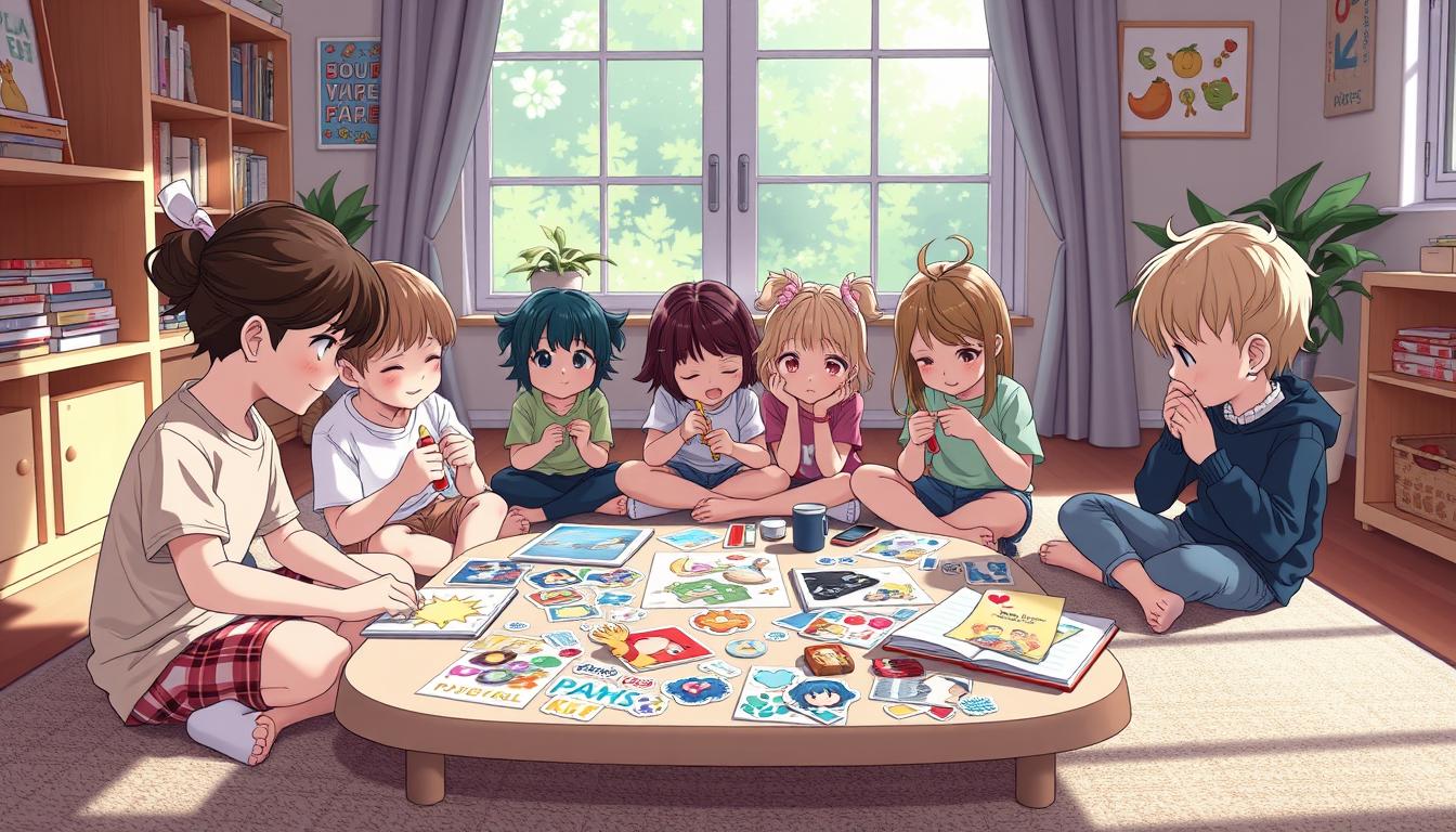 A cozy, well-lit playroom setting with natural light filtering in through large windows. On a low table, an assortment of colorful stickers, craft supplies, and a few finished sticker art projects are neatly arranged. A group of children, ages 5-10, are engaged in focused, creative play, designing their own sticker collages and sharing ideas. The atmosphere is calm and encouraging, with a parent or teacher guiding the process and offering gentle suggestions. The overall mood is one of joyful exploration and learning through hands-on DIY sticker activities.