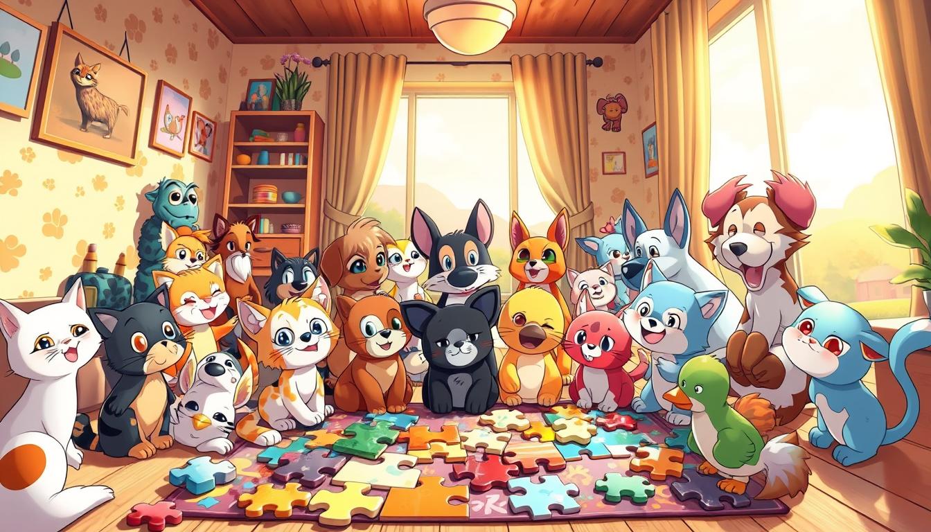 A delightful scene of whimsical cartoon animals engaged in a playful puzzle game. In the foreground, a vibrant array of animal characters - cats, dogs, birds, and more - gathered around a colorful jigsaw puzzle, their expressions animated with curiosity and excitement. The middle ground features a cozy, warm-toned interior setting, with playful patterns and textures adorning the walls and furnishings. The background showcases a cheerful, sunlit outdoor landscape, hinting at the joy and adventure that awaits. The lighting is soft and diffused, creating a sense of wonder and enchantment. Captured with a wide-angle lens, the composition invites the viewer to immerse themselves in this playful, imaginative world of cartoon animal puzzles.