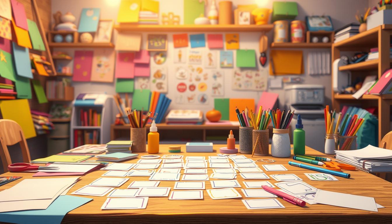 A craft room filled with vibrant art supplies - colorful paper, scissors, glue sticks, and markers. On a wooden table, an array of blank stickers and labels, ready to be decorated by young, eager hands. Warm, soft lighting illuminates the scene, creating a cozy, inviting atmosphere. The camera focuses on the center of the table, capturing the essential materials needed for a delightful DIY sticker-making activity. The overall mood is one of creative exploration, encouraging children to unleash their imagination and personalize their own unique sticker designs.
