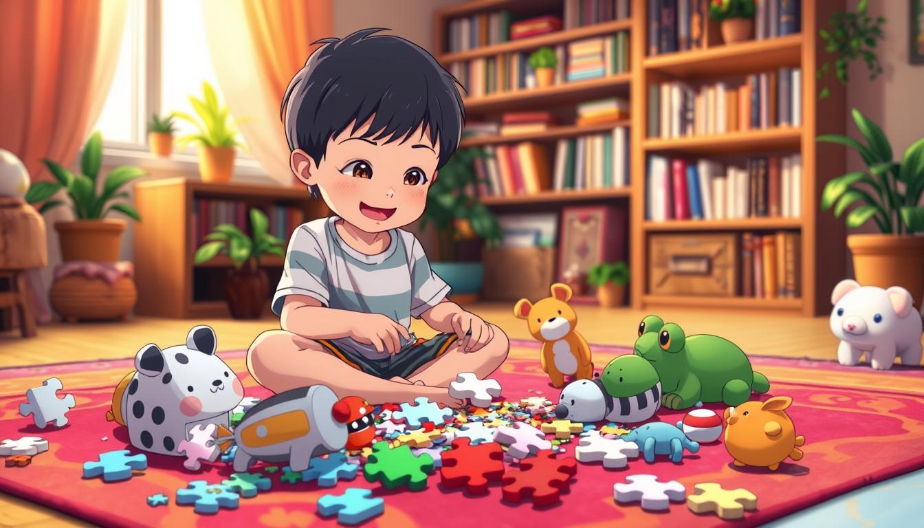 A colorful and whimsical scene of a child solving a jigsaw puzzle of cartoon animals. The puzzle pieces are scattered across a vibrant, patterned rug, with the child sitting cross-legged, brow furrowed in concentration. The background is a warm, cozy living room, with bookshelves and potted plants adding depth and texture. Soft, diffused lighting casts a gentle glow, creating an inviting and engaging atmosphere that encourages playful problem-solving. The child's expression is one of joy and accomplishment as they connect the pieces, unraveling the puzzle's hidden surprises.