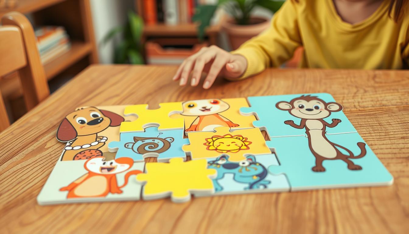 A cheerful, whimsical scene of a homemade cartoon animal puzzle being assembled on a wooden table. The puzzle pieces are brightly colored, each featuring a different playful animal character - a smiling dog, a curious cat, a mischievous monkey, and more. The table is set against a warm, cozy interior with soft lighting, perhaps a bookshelf or plants in the background. The overall atmosphere is one of creativity, imagination, and family bonding as a child or parent puts together this charming DIY puzzle. The scene captures the joy and educational value of this simple, handmade activity.