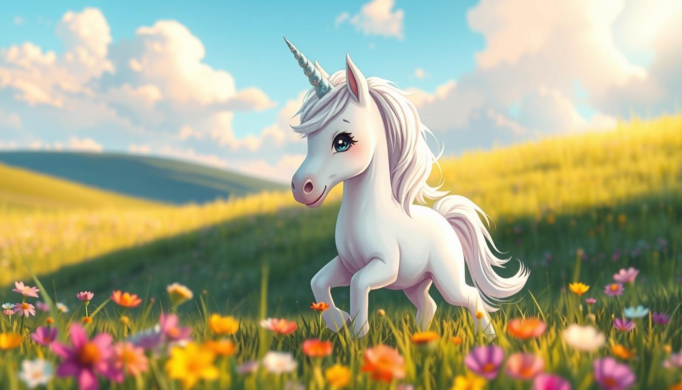 A vibrant, whimsical scene of a young unicorn playing in a lush, fantastical meadow. The unicorn's pearly white coat shimmers in the warm, golden sunlight, its horn glittering with a magical iridescence. Soft, fluffy clouds drift overhead, casting gentle shadows across the landscape. In the foreground, a field of colorful wildflowers sways in a gentle breeze, their petals adding splashes of vibrant hues. The unicorn appears content and at peace, its serene expression conveying a sense of wonder and tranquility. The entire scene evokes a feeling of enchantment and the joy of caring for a beloved, mythical creature.