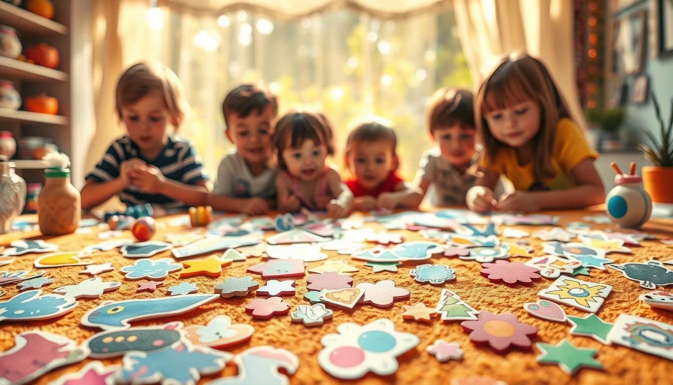 A vibrant collage of DIY sticker crafts, showcasing a variety of playful shapes, textures, and colors. In the foreground, a collection of hand-cut stickers in whimsical animal, geometric, and abstract designs lie scattered across a warm, textured surface, inviting little hands to explore and create. In the middle ground, a group of children enthusiastically arrange the stickers, their faces alight with concentration and delight. The background features a softly blurred, sun-dappled setting, evoking a cozy, weekend workshop vibe. Warm, natural lighting illuminates the scene, casting gentle shadows and highlighting the tactile, handmade quality of the project. An atmosphere of creativity, imagination, and family bonding permeates the image.
