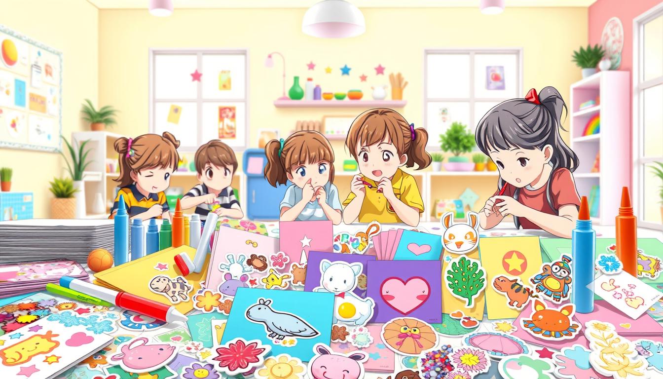 A vibrant array of DIY sticker-making supplies for children, including colorful paper sheets, sticker templates, glue sticks, and decorative elements like sequins, glitter, and foam shapes. The foreground showcases a variety of finished sticker designs, ranging from playful animals to whimsical patterns. The middle ground depicts children enthusiastically engaged in the creative process, cutting, assembling, and embellishing their personalized stickers. The background features a cheerful, pastel-hued studio setting with ample natural lighting, inspiring the young artists. The overall scene conveys a sense of joy, creativity, and hands-on learning, perfectly encapsulating the spirit of DIY sticker-making activities for children.