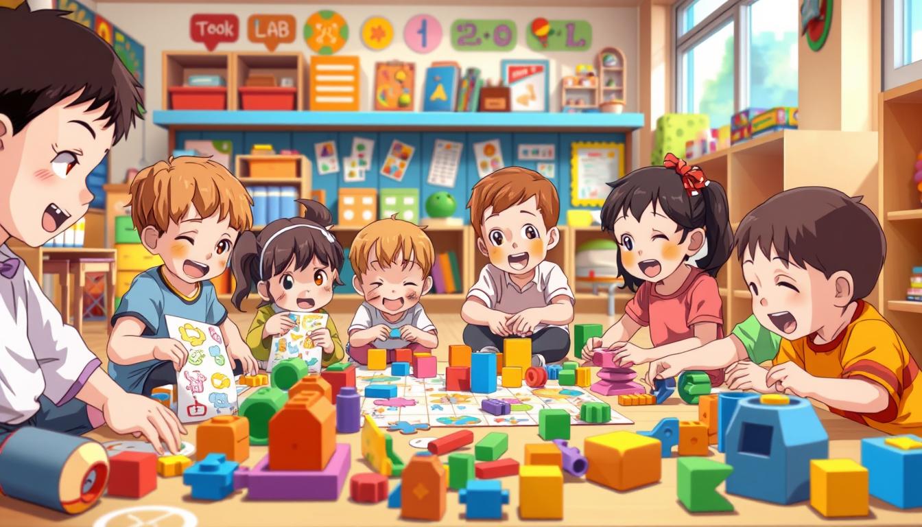 A vibrant and imaginative educational game scene for children, featuring a diverse array of engaging activities. In the foreground, a group of kids enthusiastically play with interactive learning puzzles, stickers, and building blocks, their faces alight with joy and concentration. The middle ground showcases a variety of tactile, hands-on learning tools, such as shape sorters, counting cubes, and color-matching games, all designed to stimulate cognitive development. The background depicts a warm, inviting classroom setting, with colorful wall decor, shelves brimming with educational resources, and large windows that flood the space with natural light, creating a nurturing and inspiring environment for young minds to thrive.