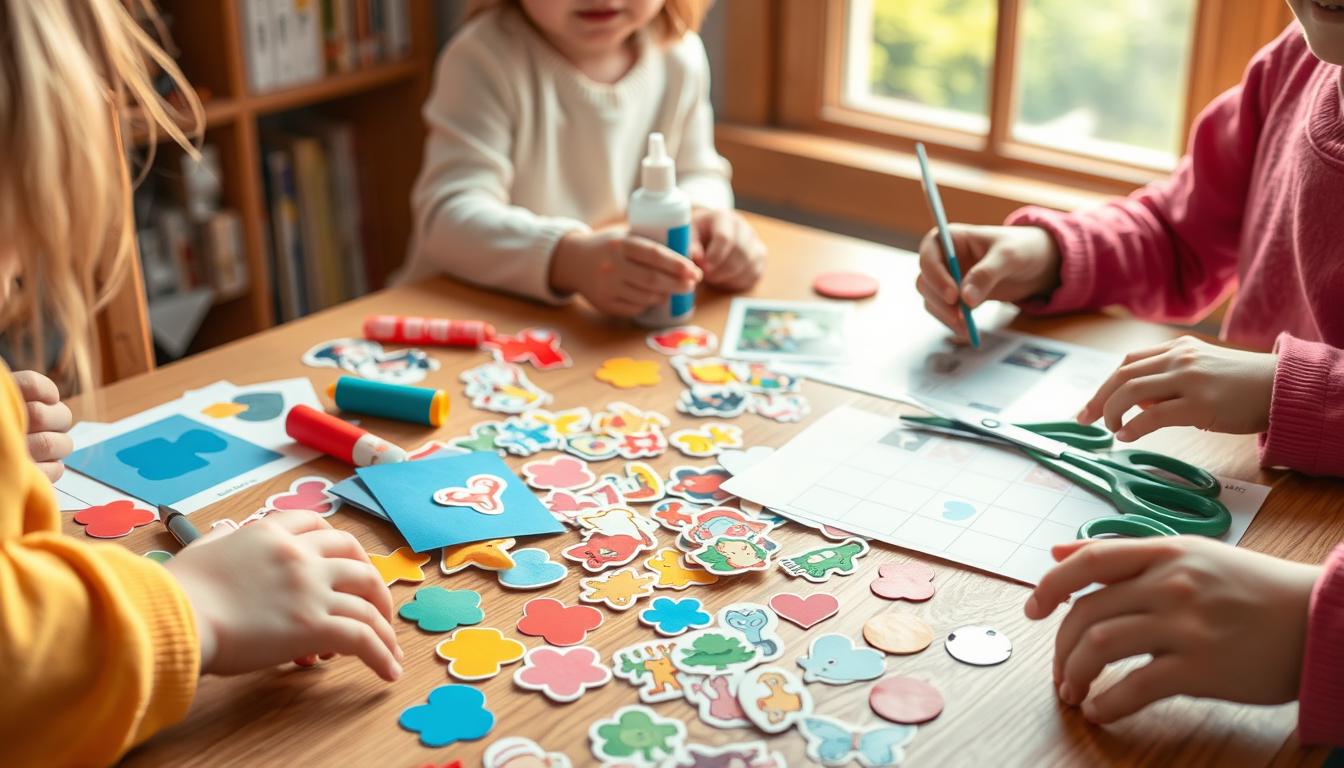 Whimsical DIY sticker craft scene. Colorful paper cutouts, glue sticks, scissors, and sticker sheets scattered across a wooden table. Soft, natural lighting from a window illuminates the playful arrangement. Vibrant hues of red, blue, yellow, and green create a cheerful, hands-on creative atmosphere. Children's small hands engaged in the joyful process of designing and assembling personalized stickers. Hints of imagination and self-expression abound, capturing the spirit of DIY sticker-making for young, inquisitive minds.