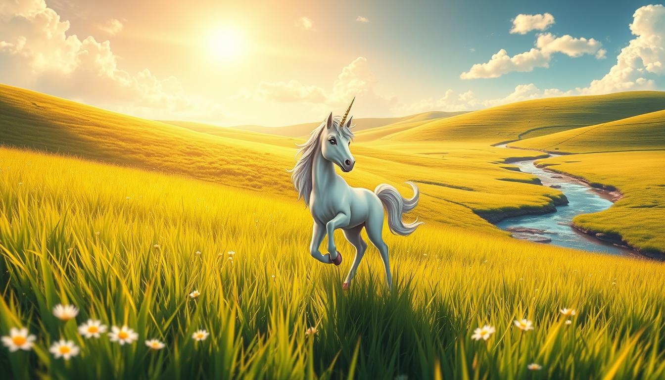 A magical, whimsical scene of a young, vibrant unicorn frolicking in a lush, verdant meadow. Warm, golden sunlight filters through wispy clouds, casting a soft glow across the serene landscape. The unicorn's pearly horn shimmers, its mane and tail flowing gracefully as it trots through the tall, swaying grass. Delicate wildflowers dot the foreground, adding pops of color. In the distance, a tranquil stream winds its way through the rolling hills. An air of enchantment and wonder permeates the scene, inviting the viewer to step into this magical realm of the virtual pet unicorn.