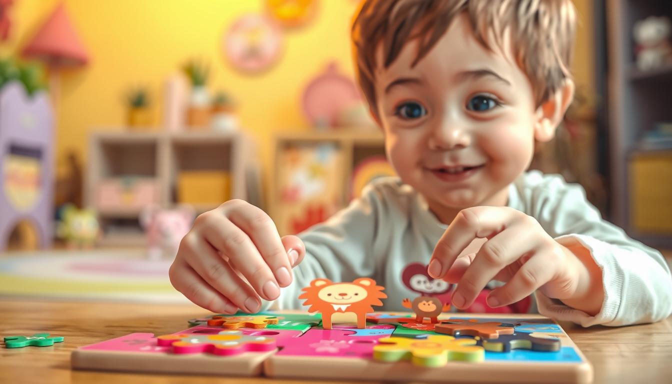A cheerful, vibrant scene of a young child solving a colorful cartoon animal puzzle. The foreground shows small hands carefully manipulating the puzzle pieces, with a focused, determined expression on the child's face. The middle ground features the partially completed puzzle, with whimsical animal characters in vivid hues. The background depicts a cozy, nurturing environment, perhaps a playroom or classroom, with soft lighting and warm, inviting colors. The overall mood is one of playful engagement, curiosity, and the joy of learning through interactive puzzle-solving.