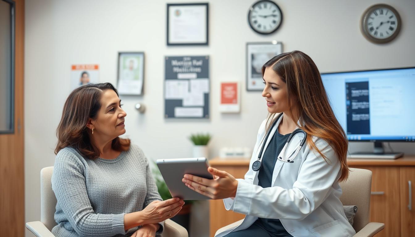 A mother consulting with a healthcare provider about cannabis for momxiety options, emphasizing the importance of medical guidance