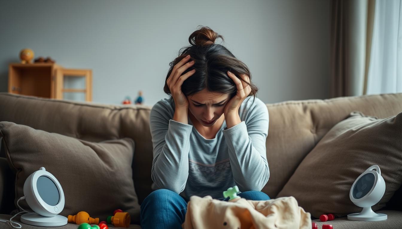 A stressed mother holding her head while surrounded by toys, highlighting the concept of momxiety and cannabis for momxiety as a potential solution