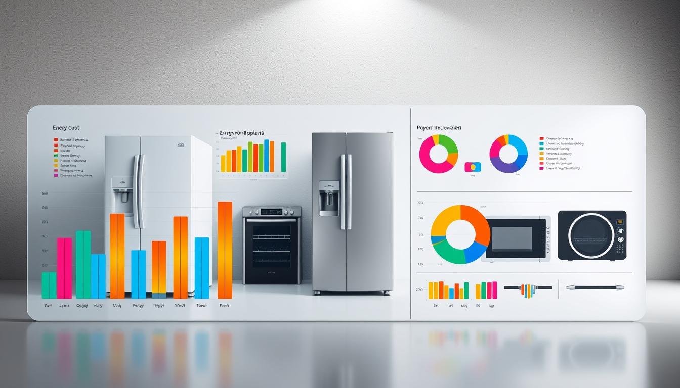 Beware These Kitchen Appliance Power Thieves 17 A detailed breakdown of energy costs for common kitchen appliances, displayed on a sleek, minimalist dashboard. The foreground features colorful bar graphs and pie charts, showcasing the relative power consumption of items like refrigerators, ovens, and microwaves. The middle ground shows the appliances themselves in a clean, white environment, lit by soft, directional lighting. The background is a subtly textured, neutral-toned wall, creating a sense of balance and focus on the data visualization. The overall mood is informative and visually striking, designed to clearly communicate the "energy cost breakdown" for the reader.