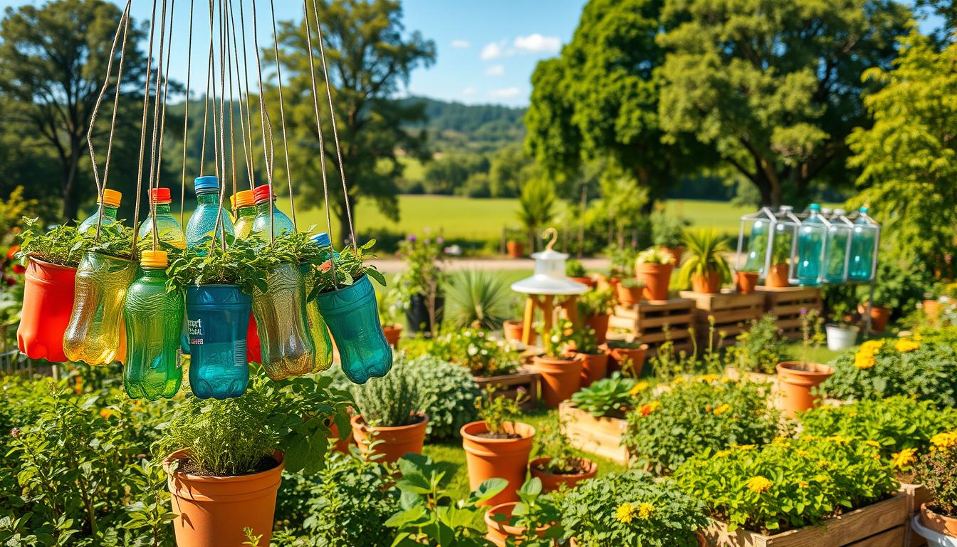 Eco-Friendly Recycled Plastic Bottle Hanging Planters 5 A lush, vibrant garden filled with eco-friendly DIY projects. In the foreground, a cluster of repurposed plastic bottles transformed into colorful hanging planters, overflowing with thriving greenery. The middle ground showcases a variety of upcycled materials - from terracotta pots to wooden crates - all hosting an array of flourishing flowers and herbs. In the background, a verdant landscape with towering trees and a clear blue sky, illuminated by warm, natural lighting that casts a serene, inviting atmosphere. The overall scene exudes a sense of harmony between nature and sustainable, creative gardening.
