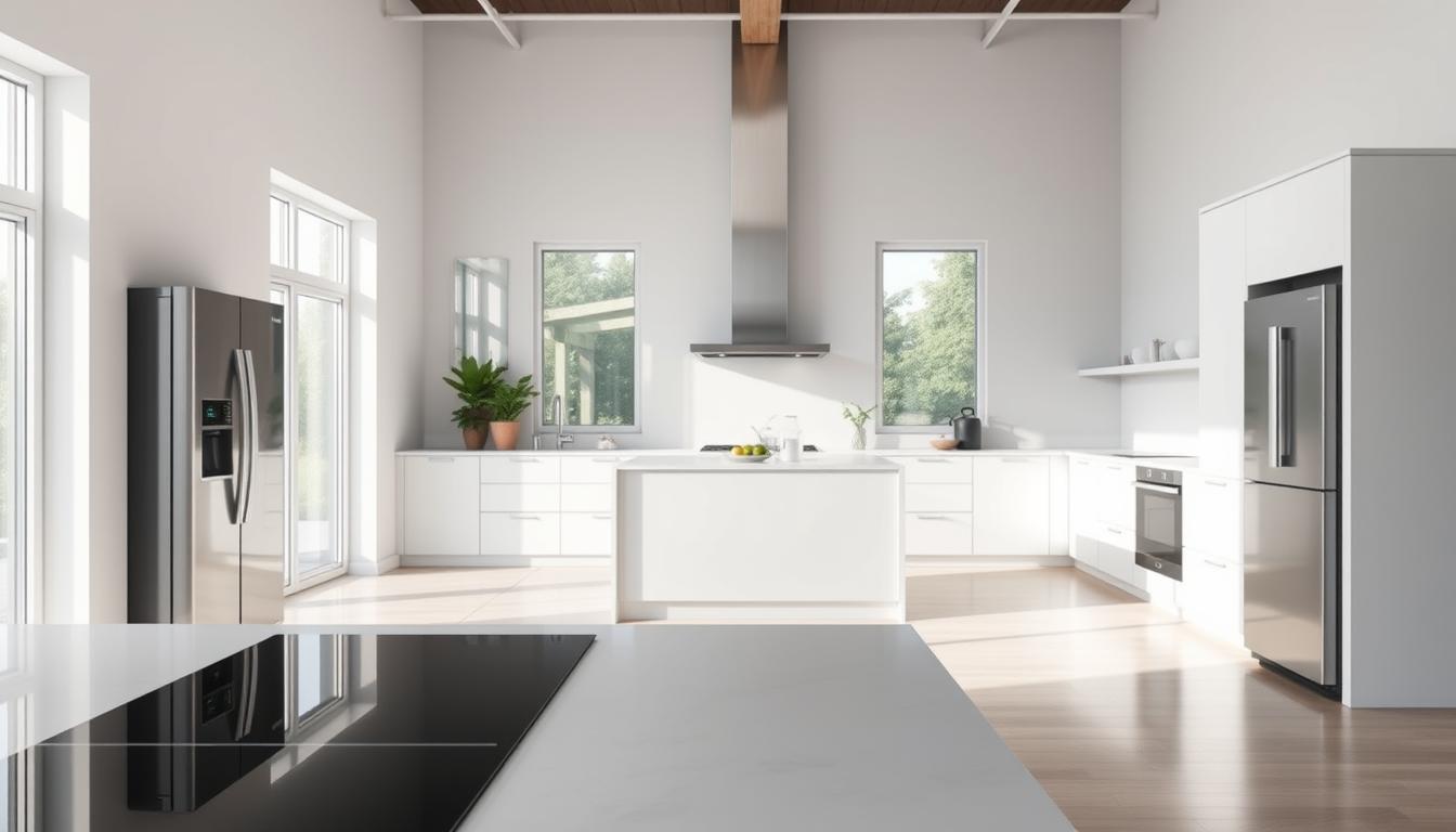 Beware These Kitchen Appliance Power Thieves 16 A minimalist kitchen interior with clean lines and a bright, airy atmosphere. In the foreground, various energy-saving kitchen appliances are showcased, including a sleek induction cooktop, an efficient refrigerator, and a smart dishwasher. The middle ground features a central work island with ergonomic design, allowing for optimal workflow and minimal energy use. In the background, large windows flood the space with natural light, complemented by strategically placed LED task lighting. The overall scene conveys a sense of modern sustainability, where form and function seamlessly integrate to create a visually appealing and energy-conscious kitchen environment.