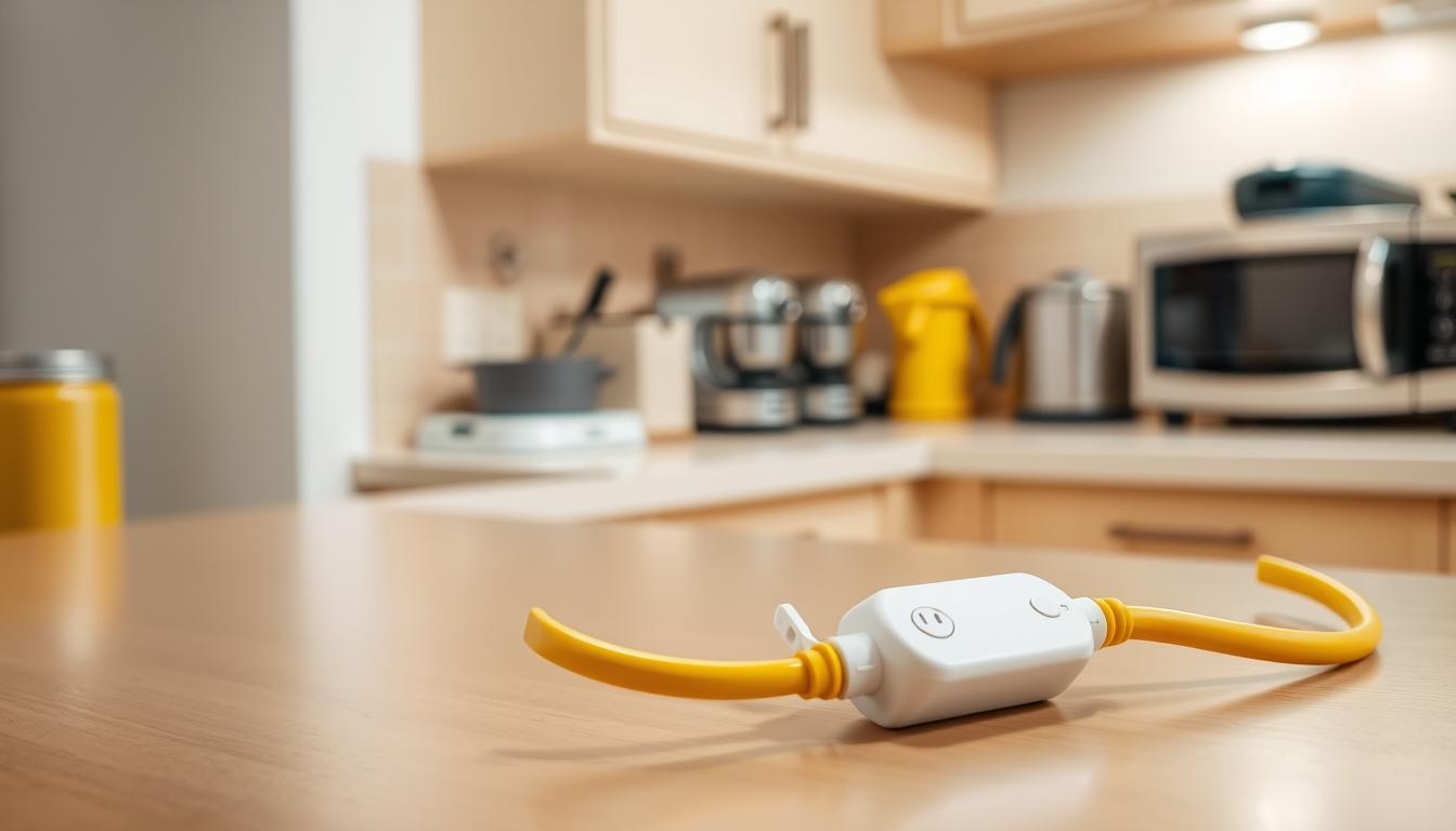 Beware These Kitchen Appliance Power Thieves 14 A well-lit kitchen counter, neatly arranged with several electrical appliances. In the foreground, an extension cord snakes across the counter, its outlets safely covered. Soft, even lighting illuminates the scene, casting a warm, inviting glow. The extension cord is prominently featured, its yellow or orange hue contrasting with the neutral tones of the kitchen. The image conveys a sense of order, safety, and responsible power management, highlighting the importance of extension cord usage in the kitchen.