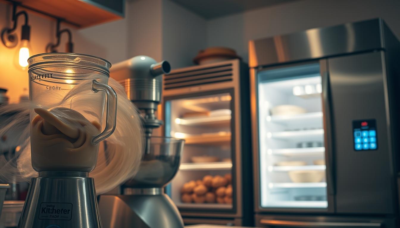 Beware These Kitchen Appliance Power Thieves 13 A bustling kitchen scene, bathed in warm, incandescent lighting. In the foreground, a powerful blender whirs to life, its blades spinning rapidly, surrounded by a swirling vortex of ingredients. Beside it, a large, industrial-grade mixer kneads dough with authoritative force. In the middle ground, a sleek, high-powered oven glows with intense heat, its convection fan circulating the air. In the background, a towering refrigerator hums steadily, its compressor working tirelessly to maintain the perfect temperature. The overall atmosphere exudes a sense of efficiency and energy, capturing the essence of "high-energy kitchen appliances" at work.