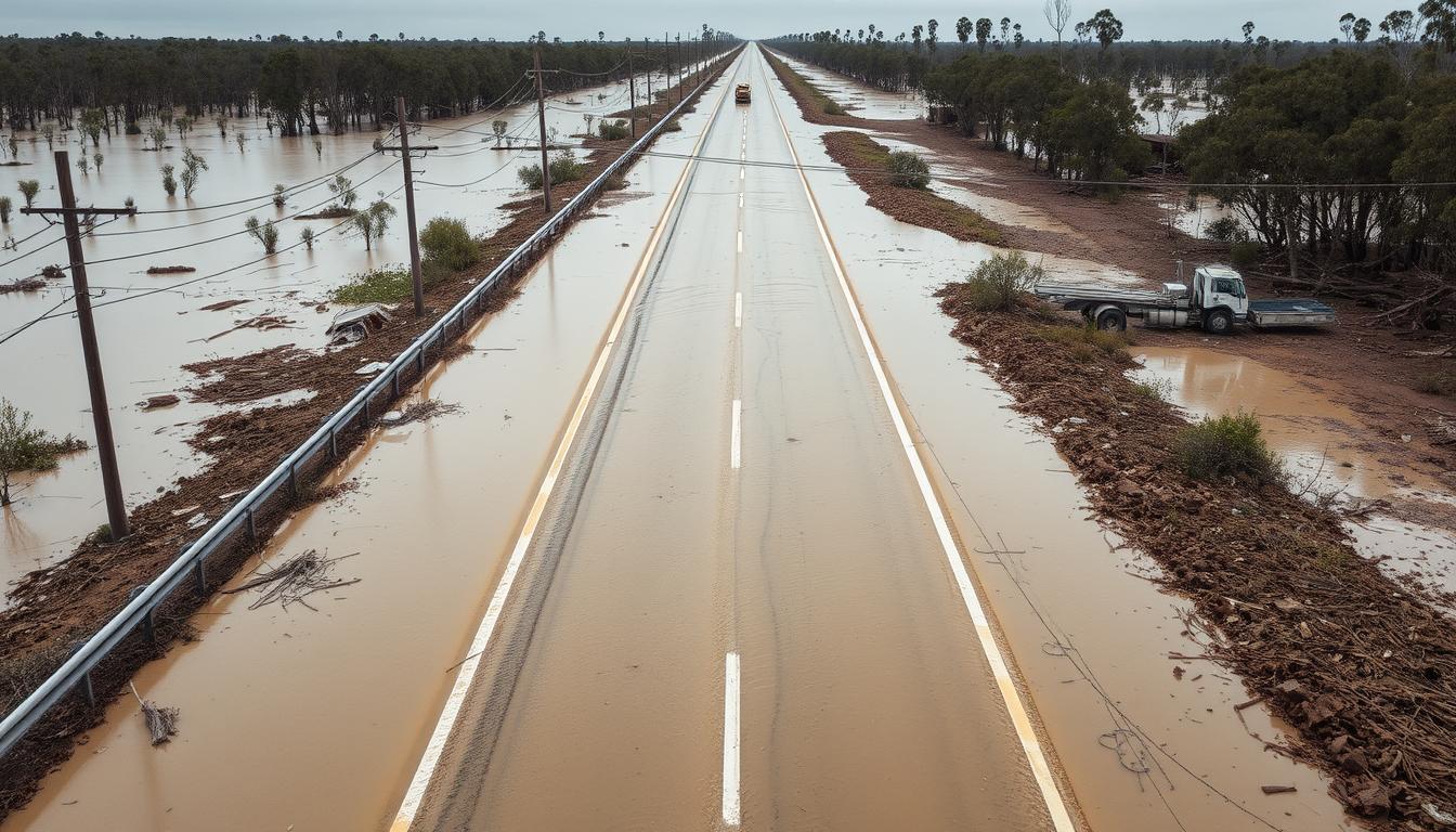 Aerial view of a flood-damaged rural highway in Queensland, Australia. Murky, brown floodwaters cover the road, leaving only the top of guardrails visible. Debris and mud litter the scene, while damaged utility poles and downed trees line the shoulders. The sky is overcast, casting a somber, muted tone. In the distance, a maintenance crew struggles to clear the wreckage, highlighting the immense challenges and costs associated with restoring flood-ravaged roadways in this remote region.