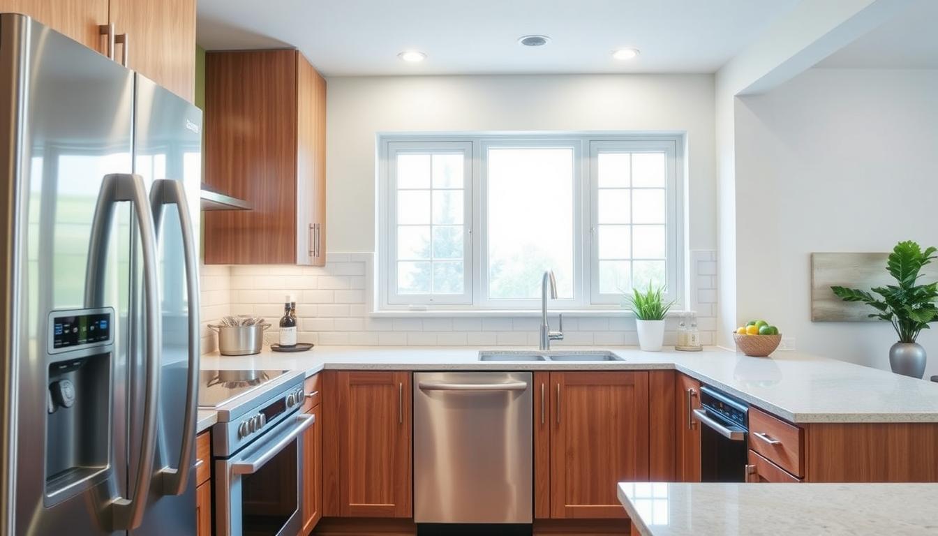 Beware These Kitchen Appliance Power Thieves 15 A bright, modern kitchen with sleek, energy-efficient appliances prominently displayed. A stainless steel refrigerator, induction cooktop, and dishwasher occupy the foreground, their clean lines and minimalist design conveying efficiency and sophistication. In the middle ground, a large window floods the space with natural light, illuminating the quartz countertops and wooden cabinetry. The background features a subway tile backsplash and recessed lighting, creating a warm, inviting atmosphere. The overall scene exudes a sense of balance, functionality, and environmental consciousness, perfectly capturing the essence of "Expert Tips for Reducing Kitchen Energy Consumption".