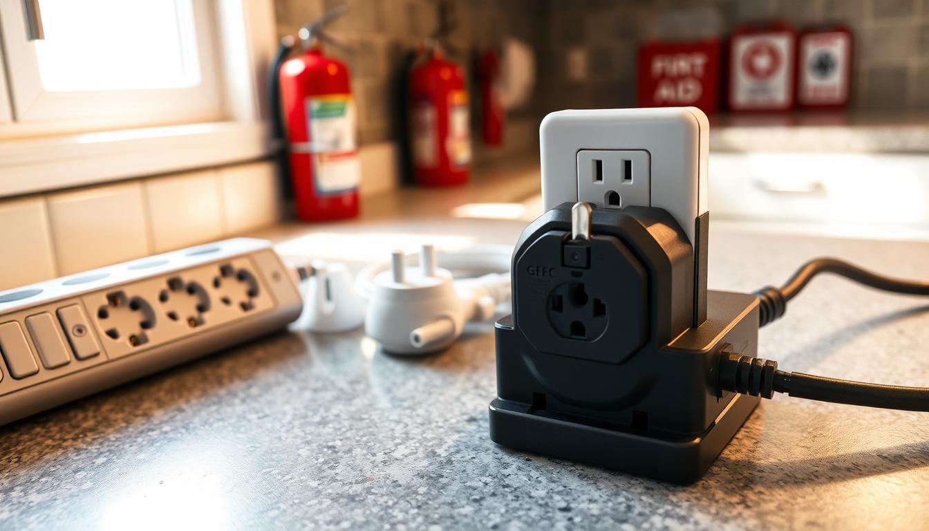 Beware These Kitchen Appliance Power Thieves 18 A well-lit, high-angle shot of a kitchen counter showcasing various electrical safety practices. In the foreground, a power strip with multiple outlets and a surge protector, highlighting proper electrical device management. In the middle ground, a grounded three-prong plug and a GFCI outlet demonstrating safe electrical connections. In the background, a fire extinguisher and a first-aid kit, emphasizing the importance of emergency preparedness. The scene conveys a sense of order, responsibility, and attention to detail in maintaining a safe and functional kitchen environment.