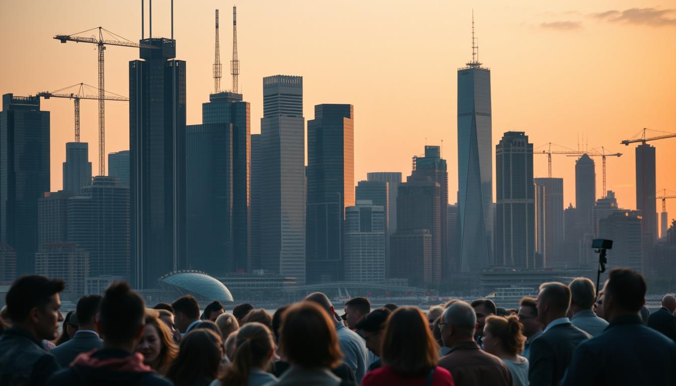 A bustling city skyline at dusk, with towering skyscrapers and cranes dotting the horizon. In the foreground, a diverse group of people gathers, their faces a mix of contemplation and concern as they discuss the implications of artificial intelligence on their livelihoods. The scene is captured with a cinematic wide-angle lens, emphasizing the scale and weight of the topic. Soft, warm lighting casts an introspective glow, hinting at the complex social and economic shifts brought about by the relentless march of technological progress. The overall atmosphere evokes a sense of uncertainty and unease, reflecting the challenges and opportunities presented by the increasing integration of AI in society.