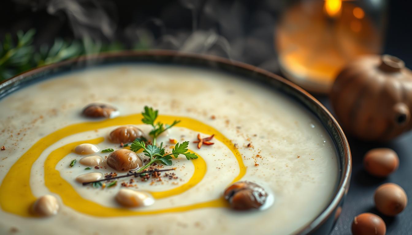 Cauliflower Mushroom Hazelnut Soup: 7 Healthy Benefits You’ll Love 2 A steaming bowl of creamy cauliflower and mushroom soup, bursting with vibrant antioxidants. In the foreground, sliced hazelnuts and drizzles of rich olive oil provide a textural contrast. The middle ground features vibrant green herbs and a sprinkling of vibrant spices, hinting at the depth of flavor. The background is softly lit, drawing the eye to the soup's silky, nourishing essence. Subtle golden highlights from the lighting accentuate the natural colors and nutrients within, creating an inviting, wholesome scene that captures the essence of a warm, comforting bowl of soup brimming with healthy benefits.
