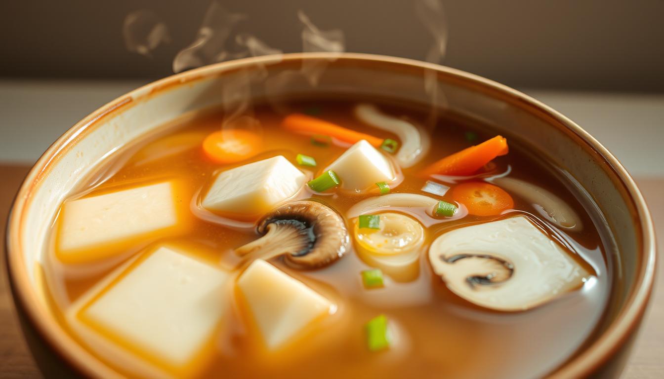 calories in a miso soup: 6 Quick Comparisons by Version 3 A warm, inviting bowl of mixed miso (awase) soup, its surface gently rippling with wisps of steam. In the foreground, translucent cubes of tofu and slices of mushrooms float amidst a rich, savory broth. The middle ground reveals a medley of tender vegetables, including carrots, onions, and scallions, lending their vibrant colors and textures to the scene. In the background, a simple, minimalist backdrop allows the focus to remain on the soothing, comforting appeal of this classic Japanese dish. Soft, diffused lighting casts a gentle glow, creating an atmosphere of tranquility and wholesome nourishment. The composition is balanced, with the ingredients arranged in a visually appealing manner, inviting the viewer to savor both the visual and the culinary experience.