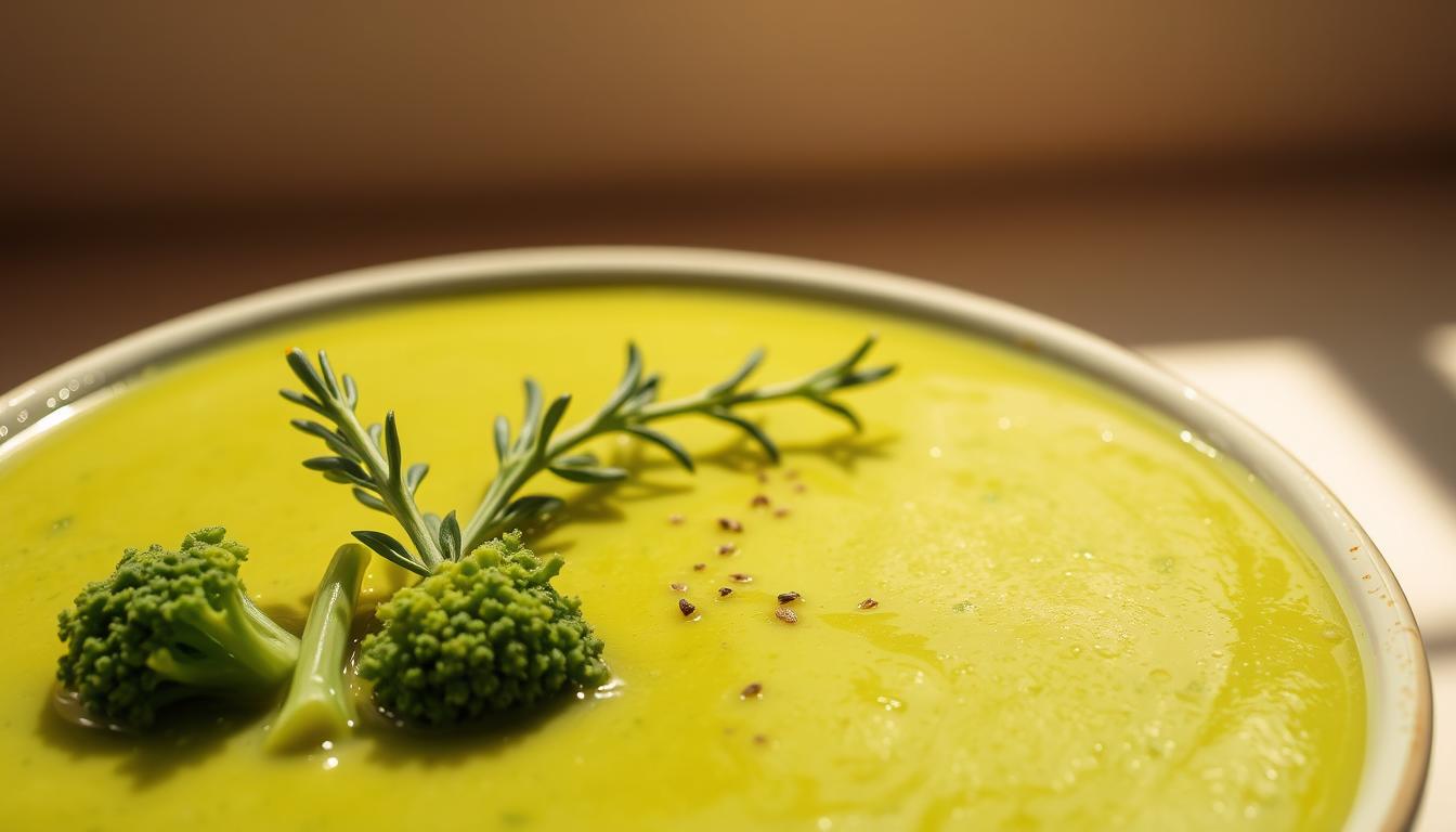 Broccolini Parmesan Soup: Quick, Healthy, Flavor-Packed 3 A close-up view of a bowl filled with a creamy, vibrant green broccolini soup. The soup is glistening with a light sheen, highlighting its smooth, velvety texture. The foreground features a few florets of tender broccolini, their stalks and florets contrasting with the soup's rich, nourishing hue. In the middle ground, a sprig of fresh thyme and a sprinkle of cracked black pepper add depth and aroma. The background is a softly blurred, minimalist setting, allowing the soup to be the focal point. The lighting is warm and natural, casting gentle shadows that accentuate the soup's inviting qualities. This image conveys the nutritional benefits and wholesome nature of broccolini soup.