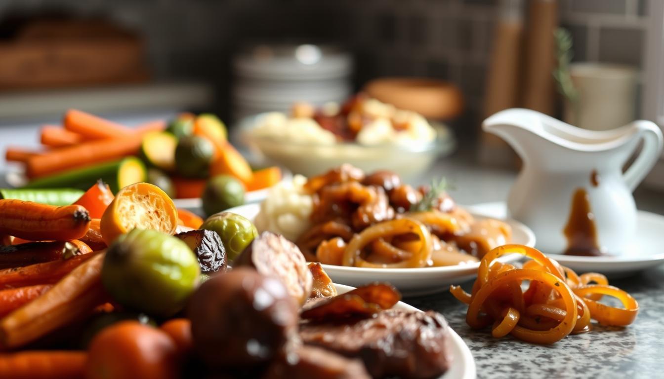 A well-lit kitchen counter displaying an array of side dishes to complement a perfectly seared chuck roll steak. In the foreground, a selection of roasted vegetables - vibrant carrots, zucchini, and Brussels sprouts - arranged artfully. In the middle ground, a creamy mashed potato dish and a side of savory, slow-cooked caramelized onions. The background features a drizzle of rich, beefy gravy and a sprig of fresh thyme, hinting at the flavors to come. The scene is captured with a shallow depth of field, drawing the eye to the delectable side dishes and setting an inviting, sophisticated tone for the "Pairing Sides and Sauces with Chuck Roll Steak" section.