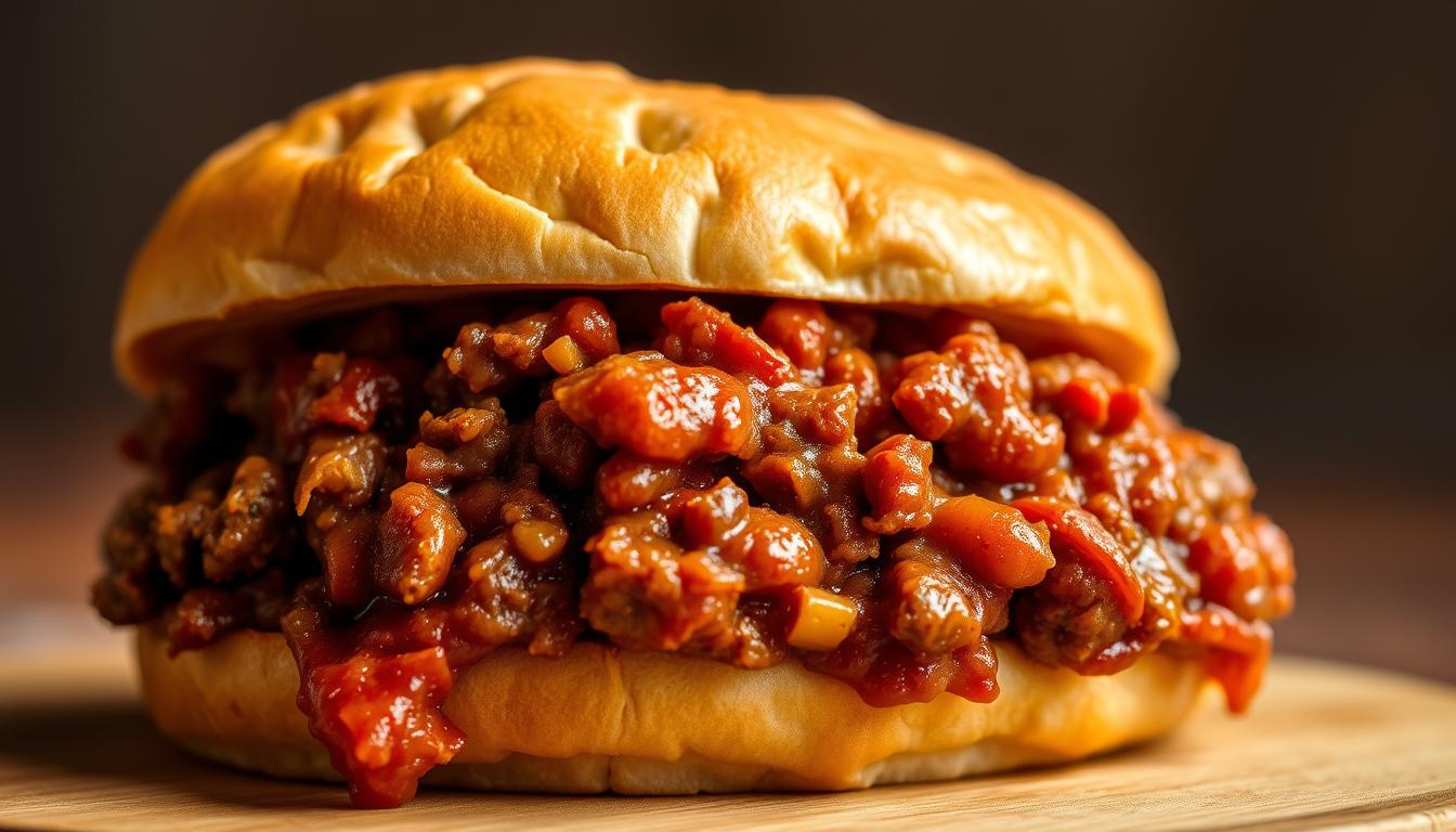 A close-up photograph of a freshly prepared sloppy joe sandwich, the bun glistening with a generous layer of tangy, tomato-based ground beef filling spilling out the sides. The meat is cooked to a juicy, slightly charred perfection, the edges crisp. A soft, fluffy brioche bun serves as the base, its golden-brown crust contrasting beautifully with the deep red of the filling. Subtle shadows and highlights accentuate the textural details, creating a sense of depth and dimension. The lighting is warm and natural, evoking a homemade, comforting vibe. The composition is tight, focusing the viewer's attention solely on the delectable sloppy joe, ready to be enjoyed on a busy weeknight.