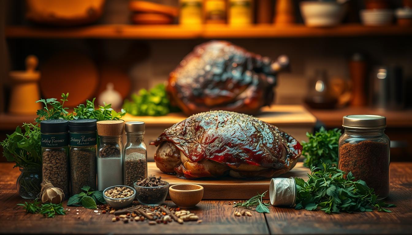 A rustic kitchen counter, dimly lit with warm, golden tones. In the foreground, an array of fresh herbs, whole spices, and seasoning blends are meticulously arranged, their vibrant colors and textures beckoning the viewer. In the middle ground, a large, succulent pot roast sits atop a wooden cutting board, its surface glistening with a rich, caramelized crust. The background fades into a softly blurred backdrop, hinting at the cozy, inviting ambiance of a traditional home kitchen. The overall scene evokes a sense of culinary mastery, with the focus on the essential elements of seasoning and preparation that elevate the humble pot roast into a true gastronomic delight.