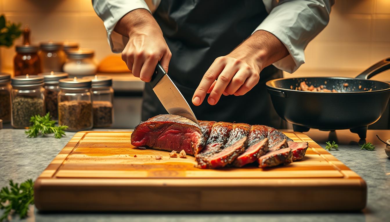 A professional chef effortlessly slicing through a perfectly seared, juicy chuck roll steak on a wooden cutting board, surrounded by a neatly arranged display of seasoning jars, fresh herbs, and a cast-iron skillet glistening with the remnants of the cooking process. The kitchen countertop is bathed in warm, even lighting, creating a sense of mastery and control over the culinary craft. The chef's hands move with practiced precision, conveying the confidence and expertise needed to elevate this humble cut of meat into a delectable, restaurant-quality dish. The atmosphere exudes a sense of calm, focus, and a deep appreciation for the art of steak preparation.