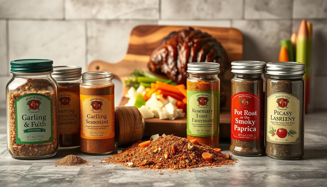 A crisp, well-lit still life display of the top-rated pot roast seasoning products for 2025. In the foreground, a selection of glass jars and metal tins filled with fragrant spice blends, each label showcasing its unique flavor profile - garlic and herb, rosemary and thyme, smoky paprika. In the middle ground, a wooden cutting board with freshly chopped aromatics like onions, carrots, and celery, complementing the seasonings. The background features a rustic, textured kitchen counter, with a neutral color palette that allows the vibrant hues of the spices to take center stage. The overall mood is one of culinary expertise and mouthwatering anticipation, inviting the viewer to imagine the savory pot roast soon to be seasoned and slow-cooked to perfection.