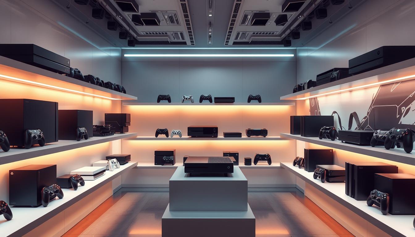 A high-tech showroom filled with the latest gaming consoles, showcased on sleek, minimalist display shelves. Soft, warm lighting illuminates the consoles, highlighting their cutting-edge designs and intricate details. The consoles are arranged in a visually appealing layout, capturing the dynamic and immersive nature of modern gaming. The background features a subtle, futuristic backdrop, creating a sense of technological advancement and innovation. The overall atmosphere conveys a sense of excitement and anticipation, inviting the viewer to imagine the thrilling gaming experiences these consoles can offer.