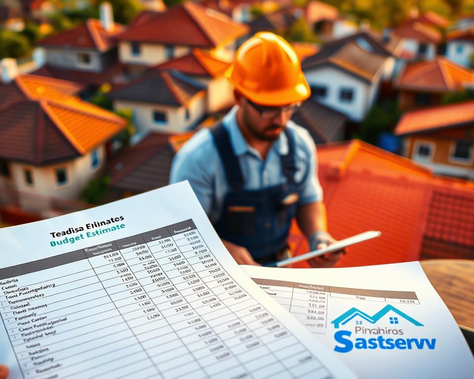 A vibrant, detailed image of a roofing budget estimate showcasing the logo &quot;Telhadista Pinheiros Fastservv&quot;. In the foreground, a close-up view of a well-organized spreadsheet displaying line items for various roofing materials and labor costs. The middle ground features a construction worker in a hardhat reviewing the estimate, with a warm, natural lighting illuminating the scene. The background depicts a residential neighborhood with a mix of traditional and modern homes, their roofs prominently displayed. The overall atmosphere conveys a sense of professionalism, precision, and the expertise of the &quot;Telhadista Pinheiros Fastservv&quot; roofing specialists.