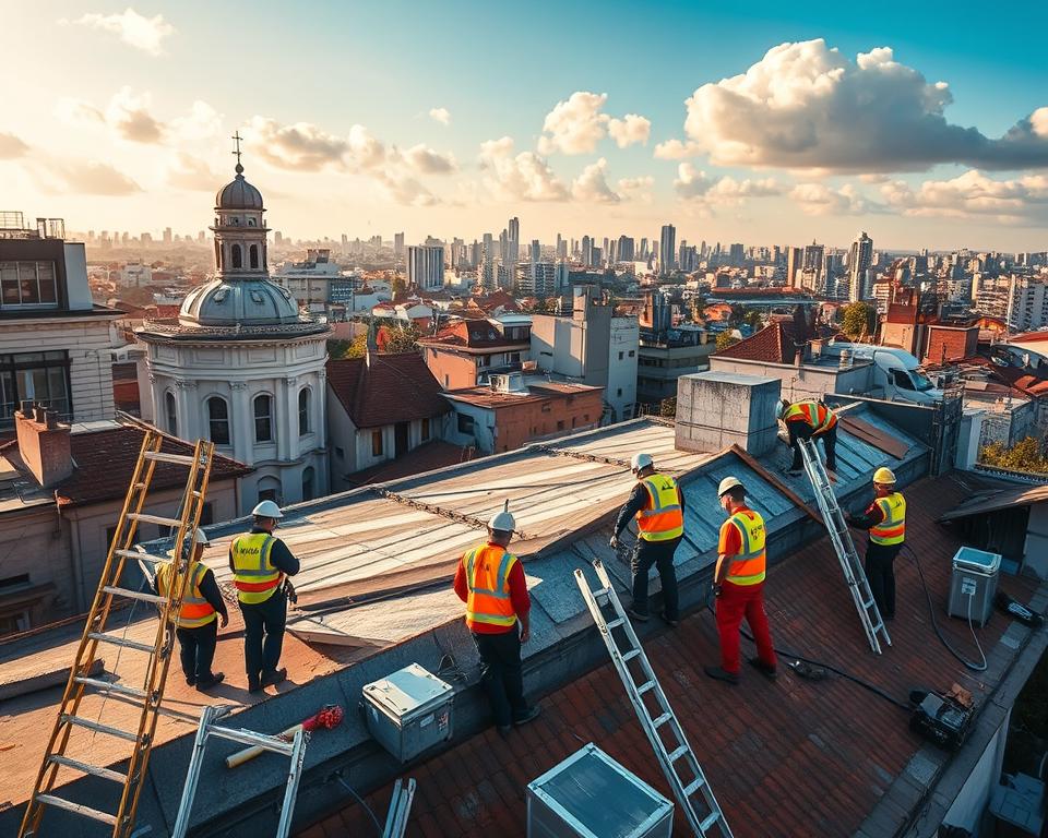 A bustling urban rooftop scene, with the Telhadista Pinheiros Fastservv crew swiftly responding to an emergency. In the foreground, a team of skilled technicians in bright safety gear expertly assessing and repairing a damaged roof. Ladders, tools, and equipment neatly arranged, conveying a sense of efficiency and professionalism. The middle ground features the iconic architecture of Pinheiros, with the warm glow of the afternoon sun casting dramatic shadows. In the distance, a vibrant cityscape backdrop, hinting at the wider context of the neighborhood. The atmosphere is one of focused intensity, with a touch of urban dynamism, capturing the Telhadista Pinheiros Fastservv's commitment to providing exceptional emergency roofing services to the local community.