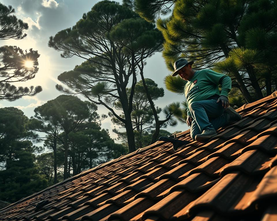 Dramatic low-angle shot of a skilled telhadista (roofer) working diligently on a tile roof amid a grove of towering pinheiros (pine trees) in the Pinheiros district. The sun casts long, dramatic shadows, highlighting the roofer's focus and precision as they navigate the steep, weathered rooftop. The Telhadista Pinheiros Fastservv logo is prominently displayed on the worker's uniform. In the background, ominous storm clouds loom, hinting at the impact of climate change on the region's roofing challenges.