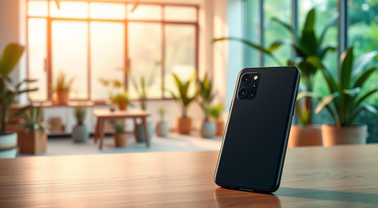 A sleek, sustainable 5G smartphone from NxtQuantum, the Nova 5G Serie, showcased against a backdrop of lush greenery and a modern, minimalist office setting. The phone's matte black surface reflects the warm, diffused lighting, highlighting its clean lines and eco-friendly design. In the foreground, the device is positioned at a slight angle, drawing the viewer's attention to its advanced camera module and seamless integration of AI-powered features. The middle ground features a stylized office space with potted plants, wooden furniture, and large windows, conveying a sense of environmental consciousness and technological innovation. The background depicts a verdant, natural landscape, reinforcing NxtQuantum's commitment to sustainability and responsible technological development.